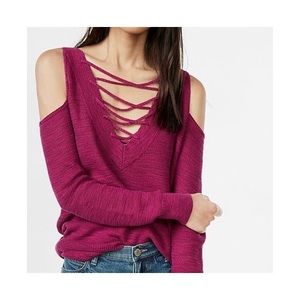 Express Cold Shoulder Two-Way Lace-Up Sweater